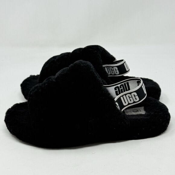 UGG Fluff Yeah Shearling Slingback Slippers Kids Girls 5 Black Red Open Toe - Picture 2 of 14